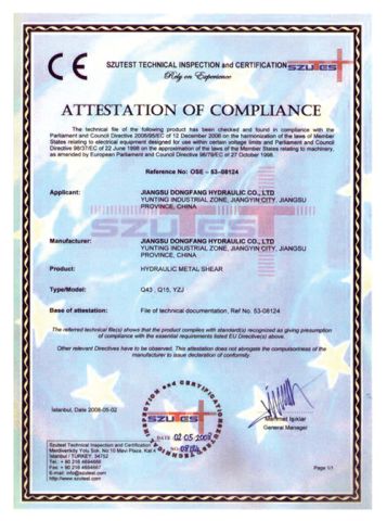 CE ATTESTATION of COMPLIANCE certificate from Jiangsu Dongfang Hydraulic Co., Ltd.