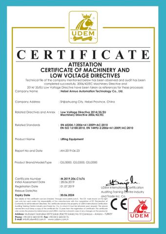 CE of lifting equipment certificate from Hebei Annuo Automation Technology Co., Ltd.