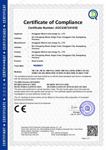 Certificate of Compliance for Solar Inverters certificate of Guangdong Wenrui New Energy Co., Ltd. – certificate photo, supplier certificates section