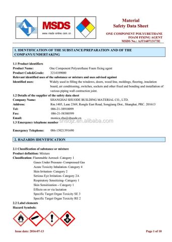 MSDS certificate from Shanghai Shuode Building Materials CO., LTD.