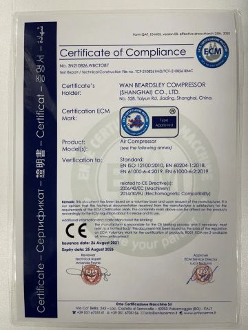 CE certification certificate from Wan Beardsley Compressor Machinery (Shanghai) Co., Ltd.