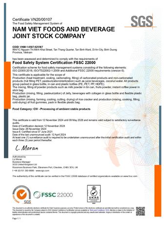 FSSC certificate from NAM VIET FOODS AND BEVERAGE JOINT STOCK COMPANY