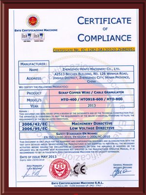 CE Certificate certificate from Zhengzhou Hento Machinery Co., Ltd.