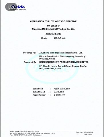 LOW VOLTAGE DIERCTIVE FOR JACKETED KETTLE certificate from ZHUCHENG MBC INDUSTRIAL & TRADING CO., LTD.