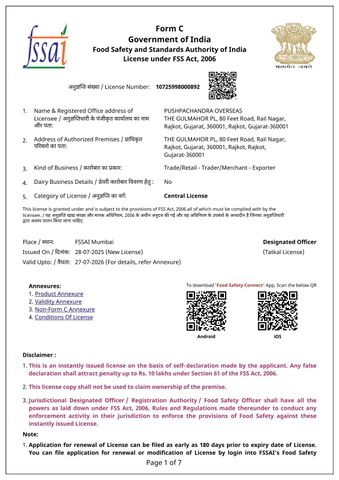 FSSAI certificate from Pushpachandra Overseas
