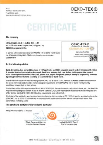 OEKO-TEX certificate from Dongguan Xuli Textile Co., Ltd