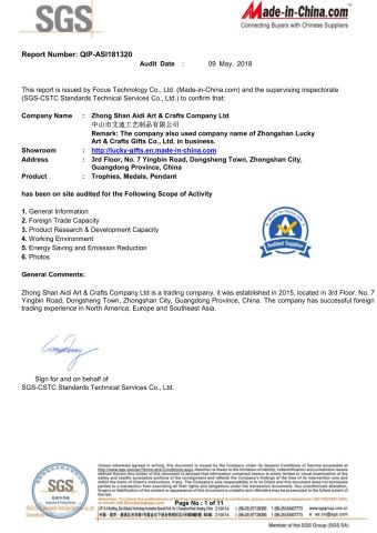 SGS certificate from Zhongshan Lucky Art & Crafts Gifts Co., Ltd.