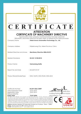CE of zinc kettle certificate from Hebei Annuo Automation Technology Co., Ltd.