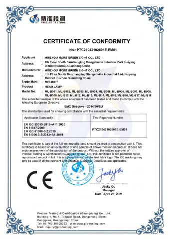CE Certificate of head lamp certificate from Huizhou More Green Light Co., Ltd.