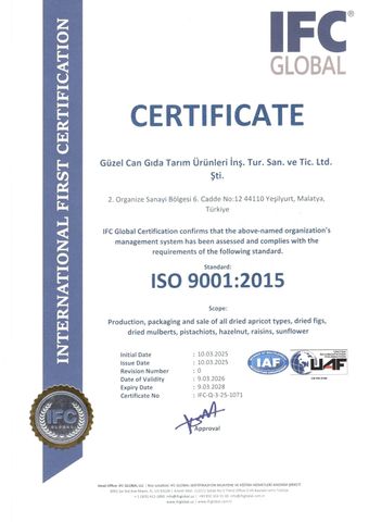 ISO 9001 CERTIFICATE certificate from GUZEL CAN GIDA TARIM URUNLERI INS.TUR.SAN.TIC.VE.LTD.STI