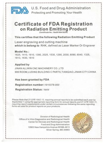 ALLWIN CNC FDA certificate from JINAN ALLWIN CNC MACHINERY CO., LTD
