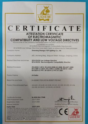 UV BULBS certificate from Shaoxing Shangyu Yup Lighting Co., Ltd.