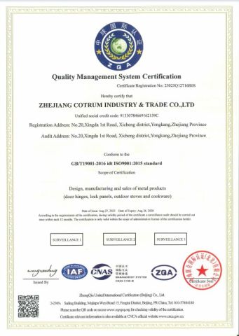 ISO:9001 certificate from Zhejiang Cotrum Industry & Trade Co., Ltd.
