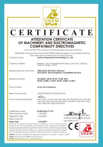 screw air compressor certificate from Suzhou Hengchaowin Technology Co., Ltd