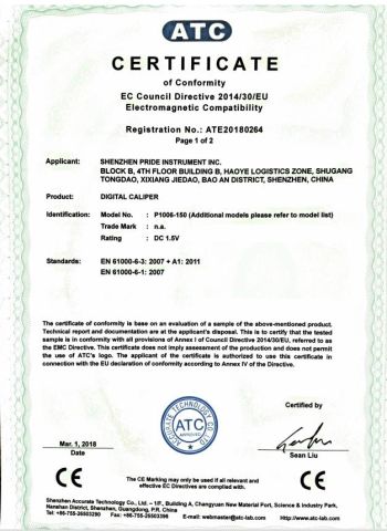 CE Certificate of Digital Caliper certificate from Shenzhen Pride Instrument Inc.