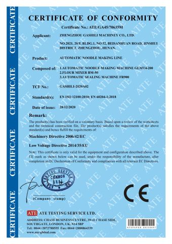 CE-Automatic noodle making line certificate from Zhengzhou Gashili Machinery Co., Ltd.