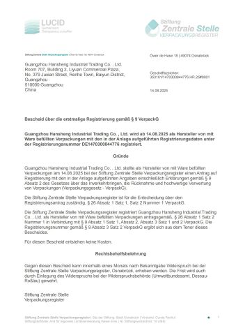 EPR certificate from Guangzhou Hansheng Industrial Trading Co., Ltd