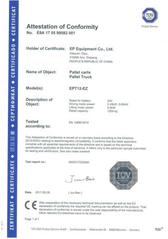 CE Certificate of Pallet Truck EPT-12EZ certificate of ZHEJIANG EP EQUIPMENT IMP. & EXP. CO., LTD. – certificate photo, supplier certificates section