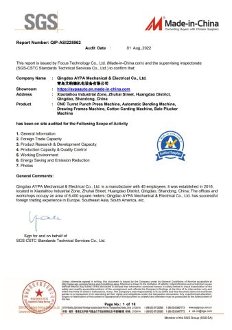 SGS Test report certificate from Qingdao AYPA Mechanical & Electrical Co., Ltd.
