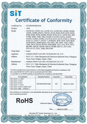 RoHs certificate from Xiamen Hyper Electric Technology Co., Ltd