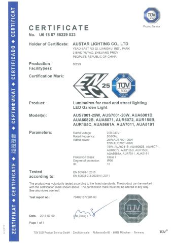 ENEC GARDEN LIGHT certificate from Yuyao Austar Lighting Co., Ltd.