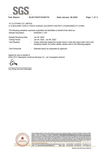 Product testing1 certificate of YC Clothing Co., Ltd. – certificate photo, supplier certificates section