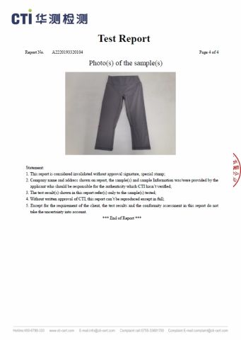product test report certificate from Xiamen Sunwing Garments Co., Ltd.