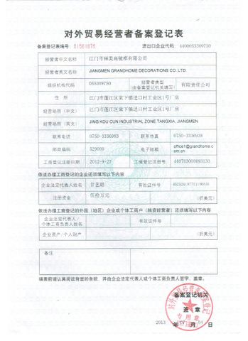 License Photo certificate from Jiangmen Grandhome Decorations Co., Ltd.