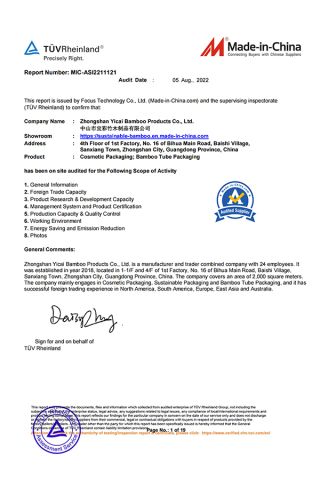TUV AUDIT certificate from Zhongshan Yicai Bamboo Products Co., Ltd.