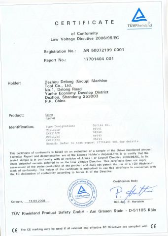 CW61100D CW62100D CW61125D CW62125D CE CERTIFICATE-LOW VOLTAGE DIRECTIVE certificate from DEZHOU PRECION MACHINE TOOL CO., LTD.