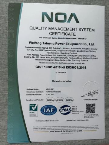 ISO 9001 certificate from Weifang Taineng Power Equipment Co., Ltd