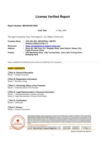 License Verified Report certificate from CDX (HK) INTL INDUSTRIAL LIMITED