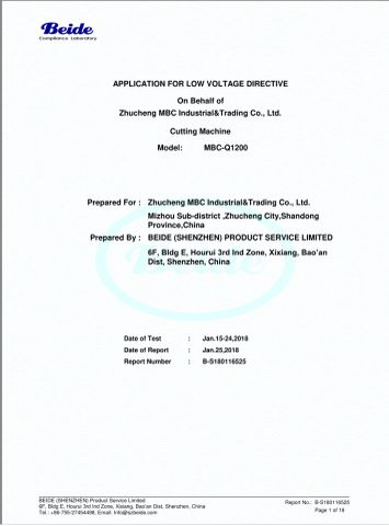 LOW VOLTAGE DIERCTIVE FOR CUTTING MACHINE certificate from ZHUCHENG MBC INDUSTRIAL & TRADING CO., LTD.