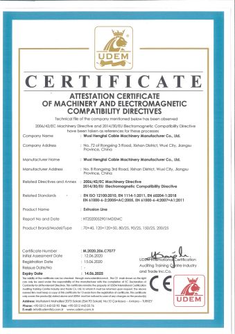 Certificates certificate from Wuxi Hengtai Cable Machinery Manufacture Co., Ltd.