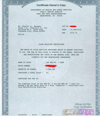 FDA certificate from Hunan Jqmaterial Tech Co., Ltd.