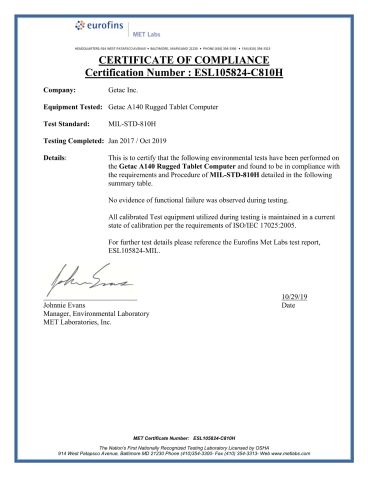 A140 MIL-STD-810H certificate from Beijing Jianianhuaye Technology Co., Ltd