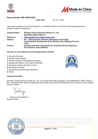 BV AUDIT REPORT certificate from Wenzhou Oustar Electrical Industry Co., Ltd.