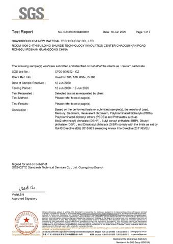 SGS report for CaCO3 certificate from GUANGDONG XIMI NEW MATERIAL TECHNOLOGY CO., LTD.