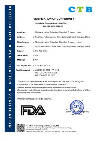 FDA for Slat Top Chain certificate from Mujia Automation Technology (Shanghai) Company Limited