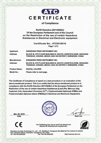 ROHS certificate of Digital caliper certificate from Shenzhen Pride Instrument Inc.