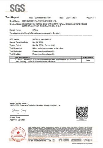 SGS for C ring certificate of CHANGZHOU KYA FASTENERS CO., LTD. – certificate photo, supplier certificates section