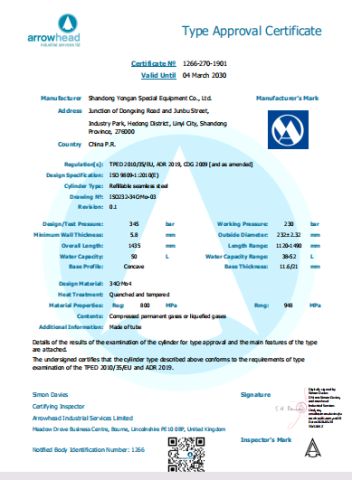 TPED certificate certificate from Shandong Yongan Special Equipment Co., Ltd.
