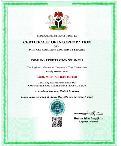 CAC certificate of Look Agric Allied Limited  – certificate photo, supplier certificates section