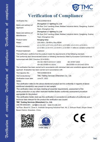 Verification of Compliance certificate of Zhongshan LC lighting Co.,Ltd. – certificate photo, supplier certificates section