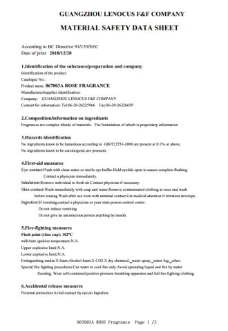 MSDS certificate from Guangzhou Lenocus Flavors & Fragrances Company