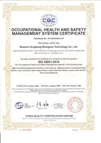 ISO 45001 certificate of Shaanxi Hongkang Biological Technology Co., Ltd. – certificate photo, supplier certificates section