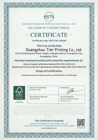FSC certificate from GUANGZHOU TIMI PRINTING CO., LTD
