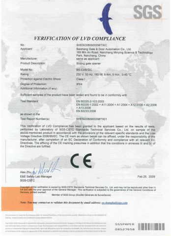 Sliding gate operator,BS-CAN-DC (LVD OF CE) certificate from BISEN SMART ACCESS CO., LTD.