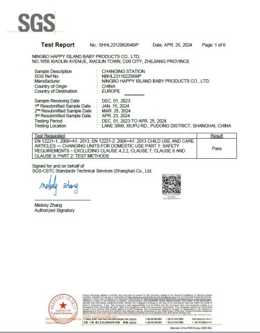 EN12221 changing station certificate from Ningbo Happy Island Baby Products Co., Ltd.