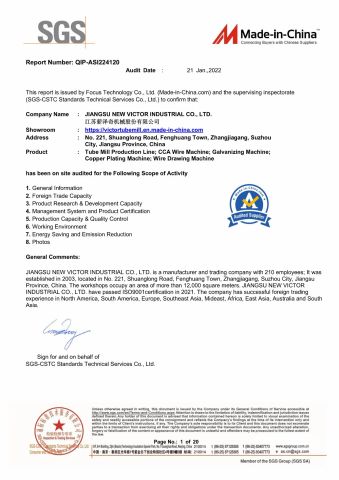 SGS CERTIFICATE certificate of JIANGSU NEW VICTOR INDUSTRIAL CO., LTD. – certificate photo, supplier certificates section